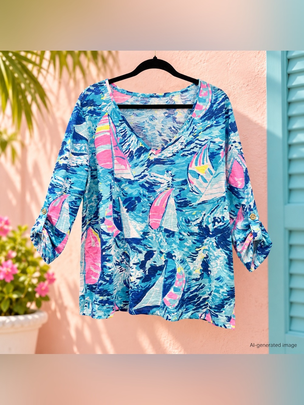 Lilly Pulitzer Sailboat Print V-Neck Cotton Top XL